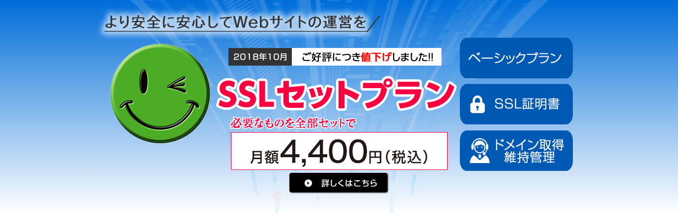 より安全に安心してWebサイトの運営をSSLセットプラン新登場 必要なものを全部セットで！ ベーシックプラン SSL証明書 ドメイン取得維持管理